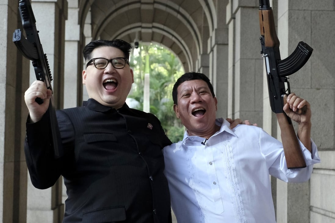 Impersonators Howard X as North Korean President Kim Jong-un and Cresencio Extreme as Philippines President Rodrigo Duterte in Hong Kong. Photo: Tory Ho