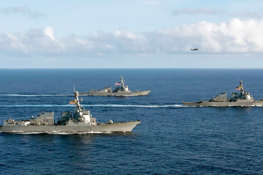 The USS Spruance (front) was one of two American warships to test Beijing’s patience with a “freedom of navigation” close to territory claimed by China in the South China Sea on Monday. Photo: US Navy