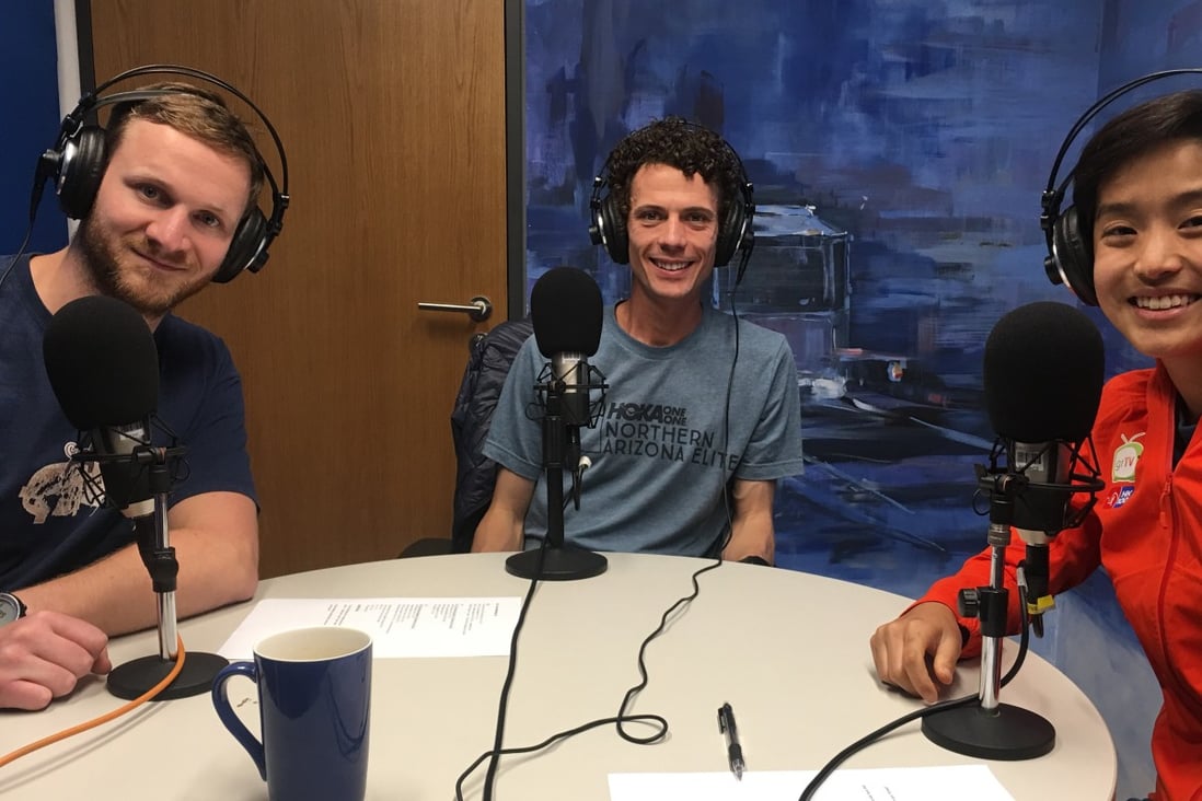 Adventure Trail podcast hosts Mark Agnew and Mary Hui with ultrarunner Jim Walmsley (centre). Photo: Jarrod Watt