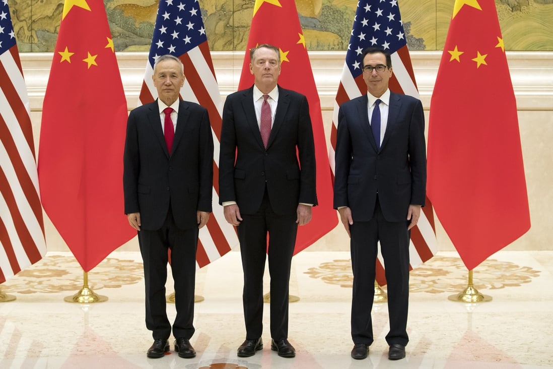 (Left to right) Chinese Vice-Premier Liu He with the US’ Trade Representative Robert Lighthizer and Treasury Secretary Steven Mnuchin during their photo session on Thursday. Photo: AP