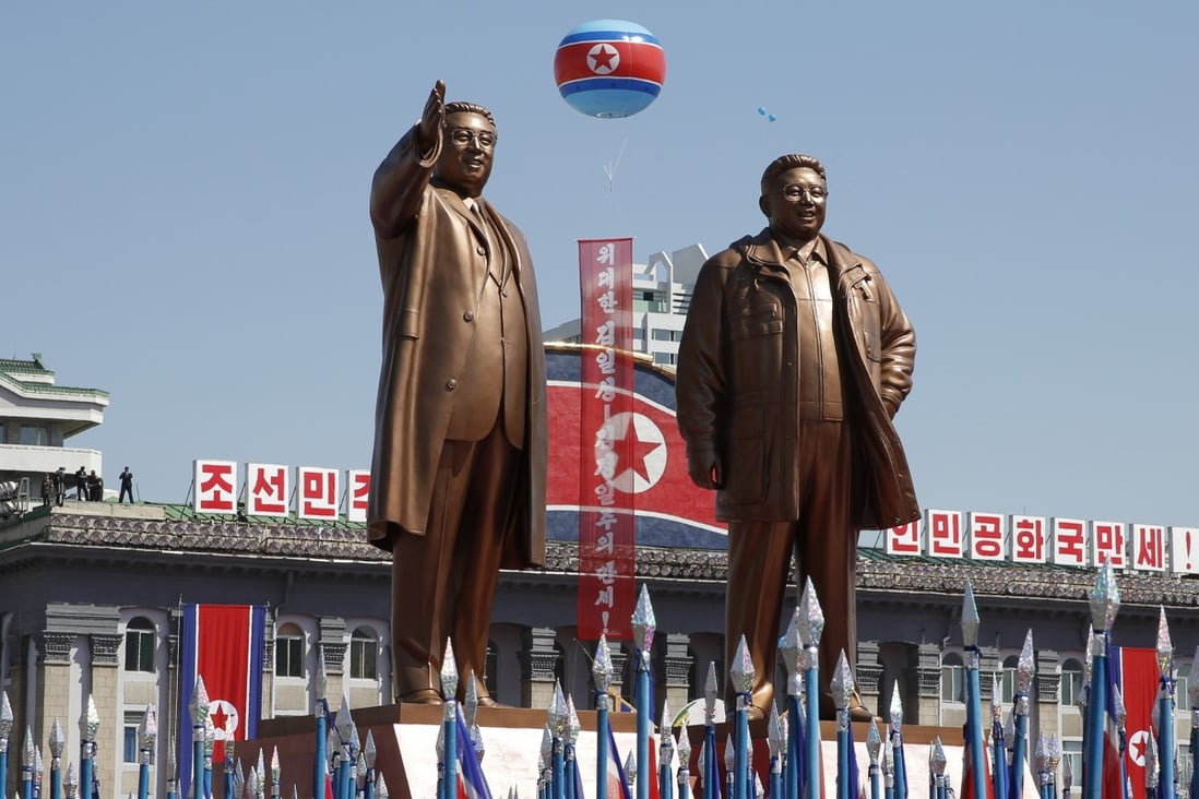 A float with statues of late North Korean leaders Kim Il-sung and Kim Jong-il during a parade in September last year marking the 70th anniversary of North Korea’s founding day in Pyongyang, North Korea. Photo: AP