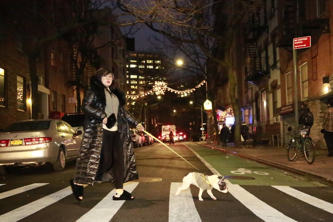 Plus-size Chinese fashion influencer Scarlett Hao walks her French bulldog Halo in style in New York, where she lives. “We have a lot of matching outfits. I find them in China on Taobao,” she says.
