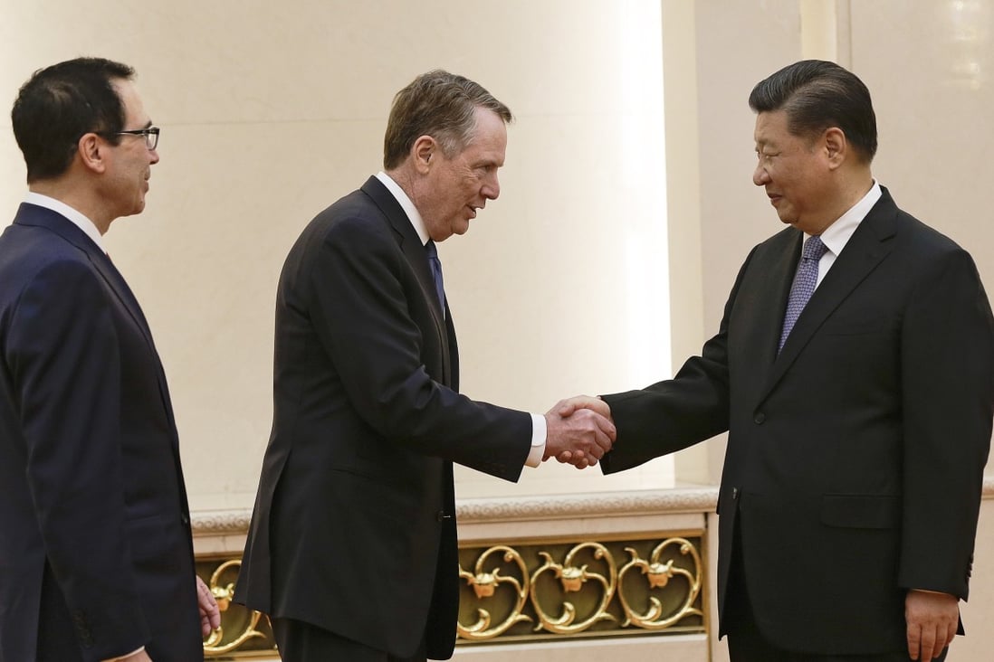 US Trade Representative Robert Lighthizer (centre) and US Treasury Secretary Steven Mnuchin (left) met Chinese President Xi Jinping in Beijing last week. Photo: EPA