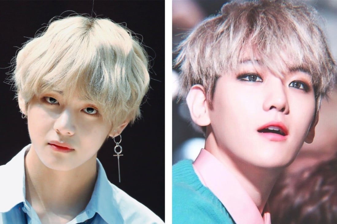 K-pop stars V from BTS (left) and his carbon copy Baekhyun from Exo (right).