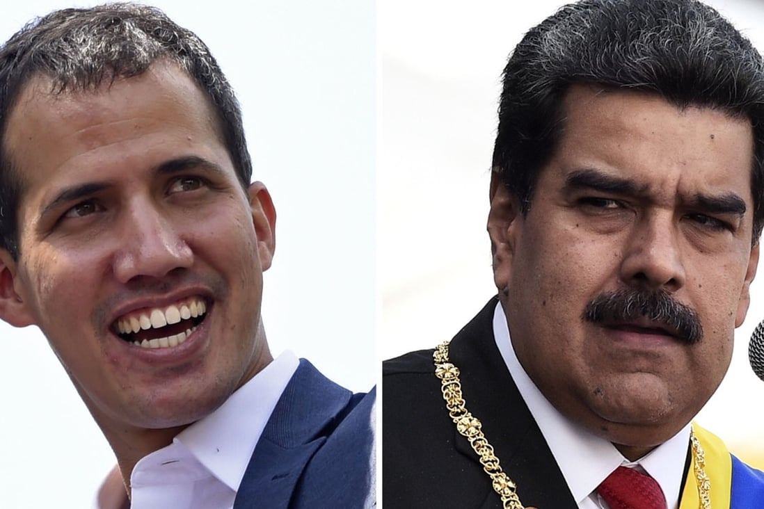 Venezuelan opposition leader Juan Guaido (left) declared himself president after the incumbent, President Nicolas Maduro (right), won a controversial election. Photo: AFP