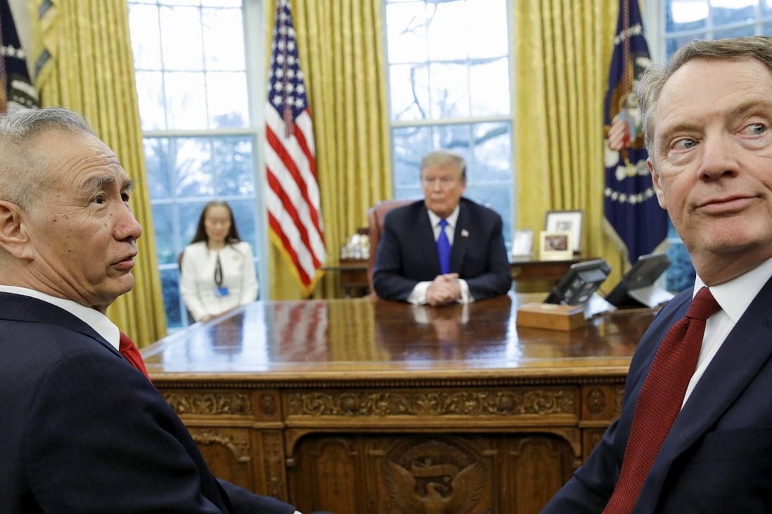 China’s Vice-Premier Liu He and US Trade Representative Robert Lighthizer in the Oval Office with US President Donald Trump. Photo: Reuters
