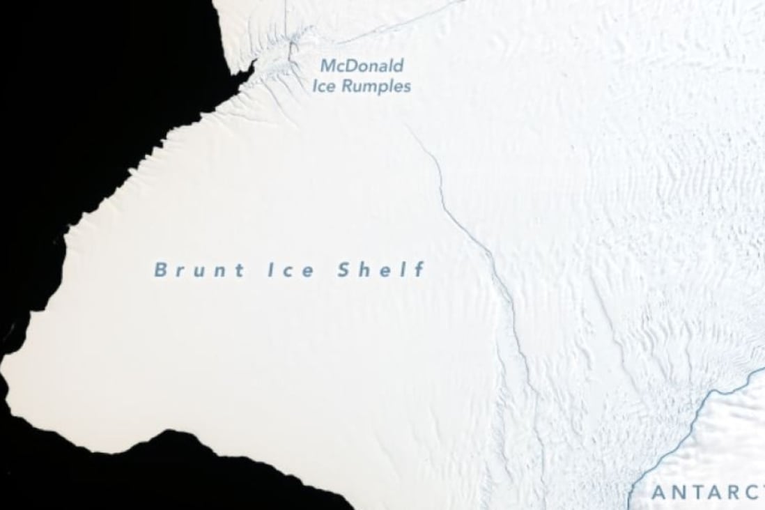 Cracks growing across Antarctica’s Brunt Ice Shelf are poised to release an iceberg with an area about twice the size of New York City. Photo: Nasa