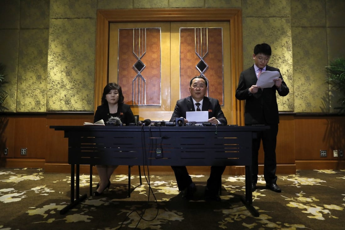 North Korea’s foreign minister, Ri Yong-Ho (centre), speaks during a news conference with Vice Foreign Minister Choe Son-hui (left) in Hanoi early on Friday. Photo: Bloomberg