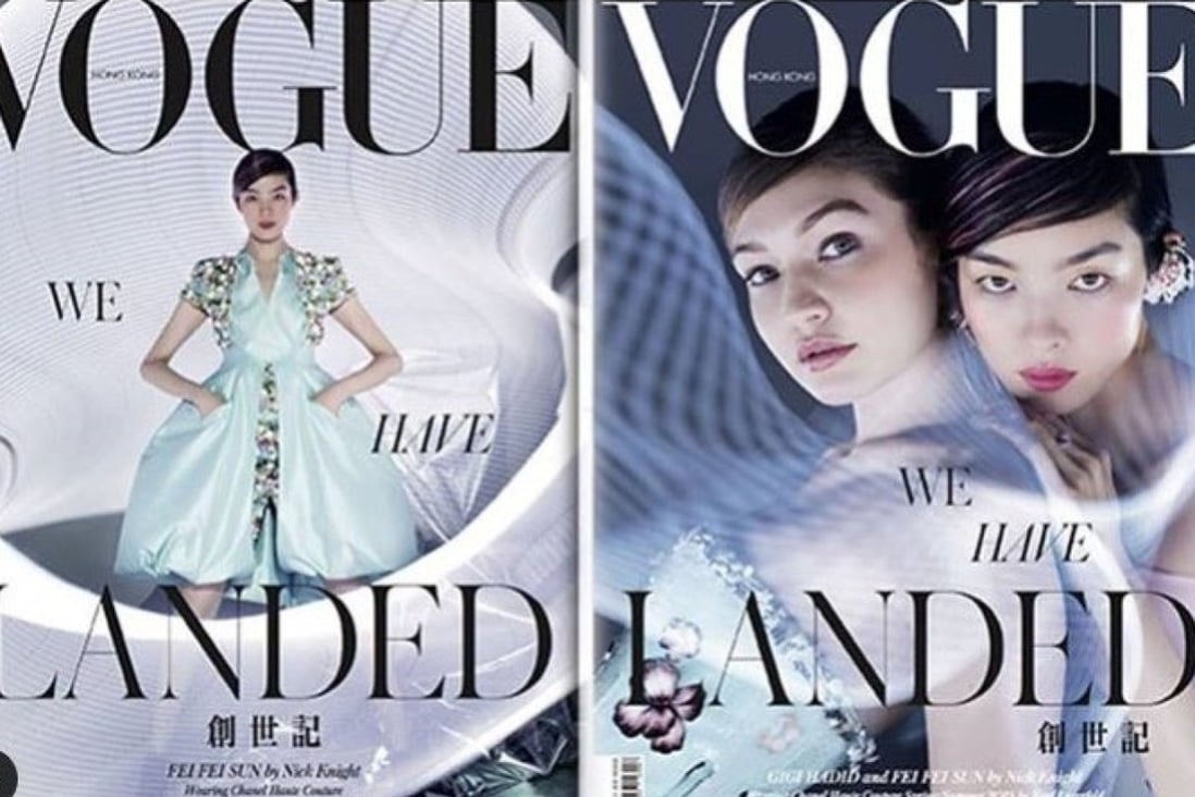 Two of the covers of the debut edition of Vogue Hong Kong, featuring Chinese model Fei Fei Sun (left) and Sun with Gigi Hadid.