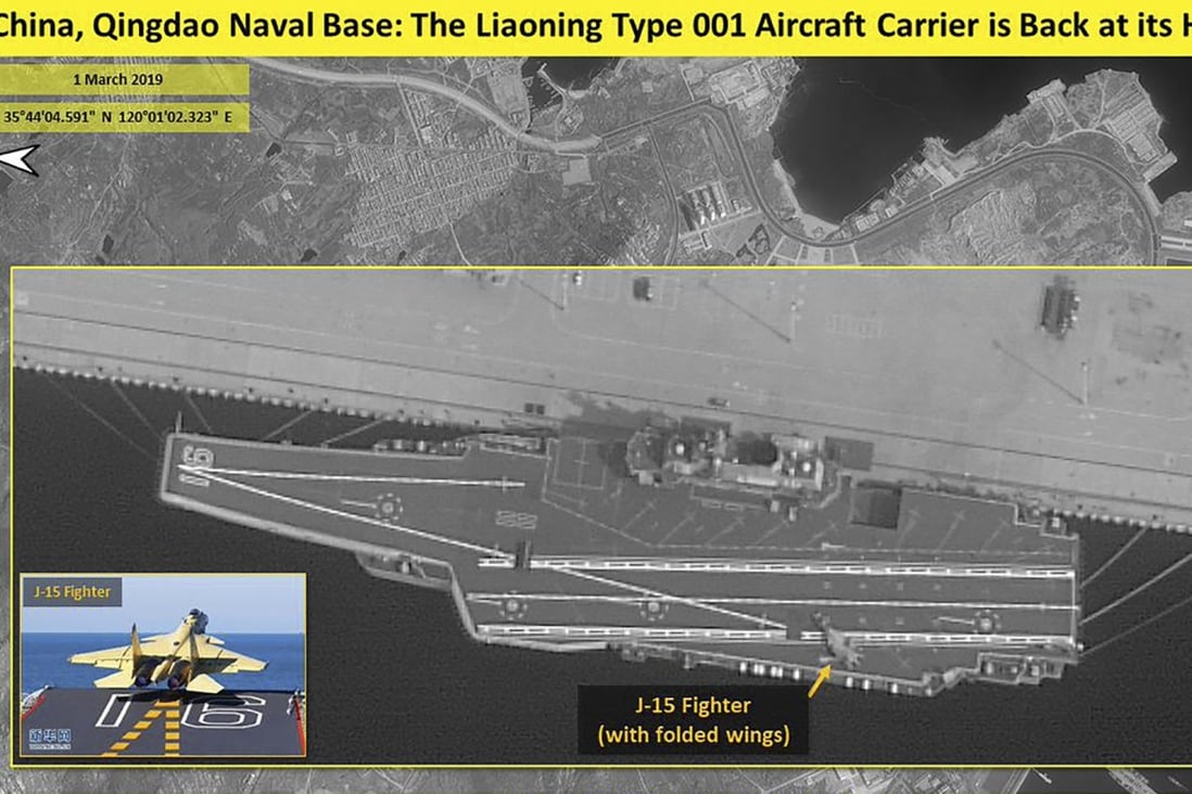 The Liaoning is seen in port in Qingdao in an image taken by a commercial satellite company. Photo: ISI