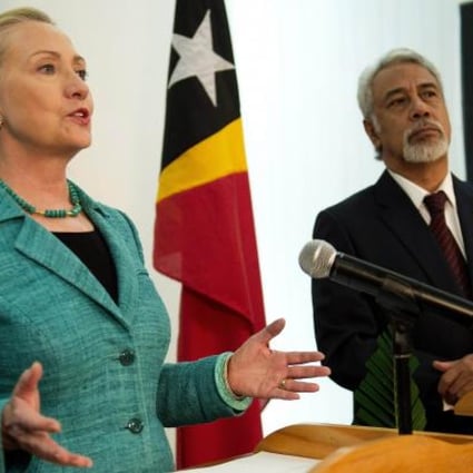 US Secretary of State Hillary Clinton and East Timor's Prime Minister Xanana Gusmao hold a joint press conference after talks in Dili on Thursday. Photo: AFP