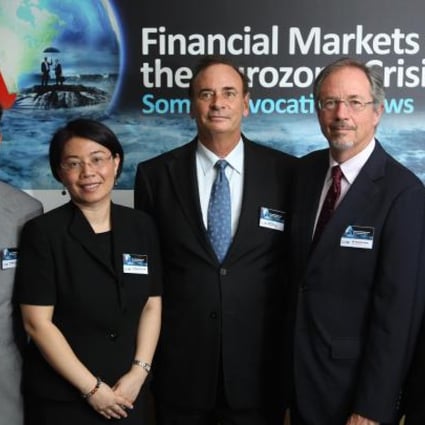 Seminar participants included (from left) Water Cheung of StormHarbour Securities, Wendy Guo of the CFA Institute, Bruno Solnik of HKUST's Finance Department, Kenneth Howe of SCMP Publishers, and HKSFA's Jimmy Jim. Photo: Dickson Lee