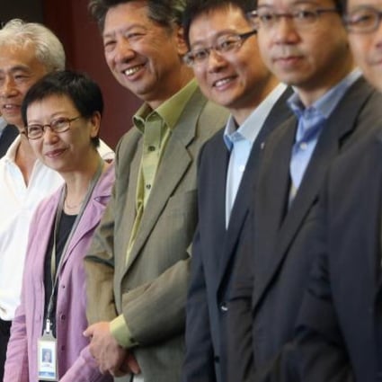 From left: Peter Cheung Kwok-che, Gary Fan Kwok-wai, Leung Yiu-chung, Cyd Ho, Ronny Tong Ka-wah, Kenneth Chan Ka-lok, Charles Mok and Kenneth Leung Kai-cheong yesterday. Photo: Sam Tsang