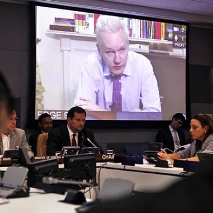 WikiLeaks founder Julian Assange addresses a UN meeting via videolink from Ecuador's London embassy in September. Photo: AP 