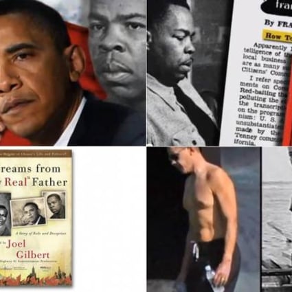 A screengrab (top left) from the film Dreams From My Real Father (bottom left), which tries to claim that Barack Obama is really the son of a Communist Party loyalist, Frank Marshall Davis (top right) and compares their physiques (bottom right).