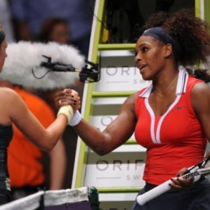 Serena Williams of the US, (right) and Victoria Azarenka of Belarus after their match on the third day of the WTA championship in Istanbul, Turkey, on Thursday. Photo: AFP