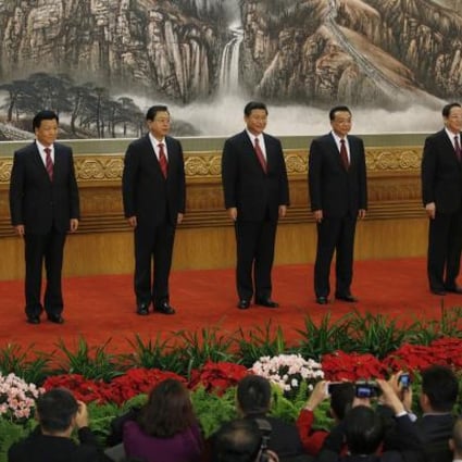 New members of the Politburo Standing Committee, from left, Zhang Gaoli, Liu Yunshan, Zhang Dejiang, Xi Jinping, Li Keqiang, Yu Zhengsheng and Wang Qishan. Photo: AP