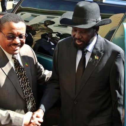 Ethiopian Prime Minister Hailemariam Desalegn (left) greets the President of South Sudan Salva Kiir in Addis Ababa, Ethiopia on Saturday, ahead of a Presidential summit between Kiir and his Sudanese counterpart. Photo: AFP
