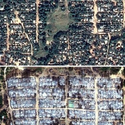 Satellite images show the central Myanmar town of Meiktila on December 13 (top) and the same area on March 27, 2013 following a wave of violence. Photo: AFP