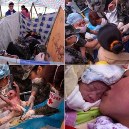 Medical workers take care of 20-year-old Yang Yan as she gives birth in a tent in Taiping township. Yang had a boy, and both mother and son were fine. Yang and her husband arrived early yesterday after a three-hour journey from their home in Xingmin village. Photos: Xinhua