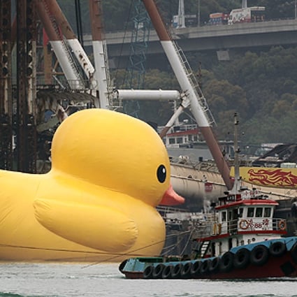 The Rubber Duck in a Tsing Yi harbour on Thursday preparing for its entrance into Victoria Harbour next week. Photo: Dickson Lee