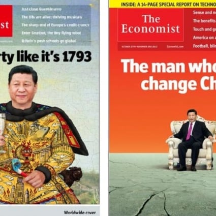 A combination photo of the two The Economist covers with Xi Jinping. 