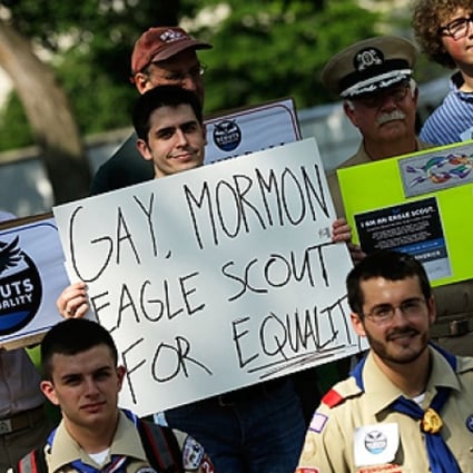 Members of Scouts for Equality hold a rally to call for equality and inclusion for gays in the Boy Scouts of America on Wednesday in Washington, DC. Photo: AFP