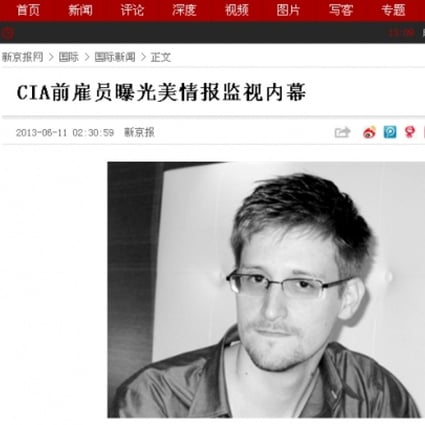 A Beijing News report about Snowden on Tuesday. Photo: screenshot via Beijing News