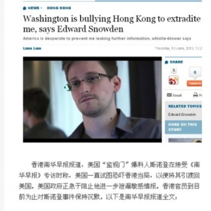 Snowden's interview with SCMP is translated into Chinese and goes viral on Weibo. Photo: screenshot via Weibo
