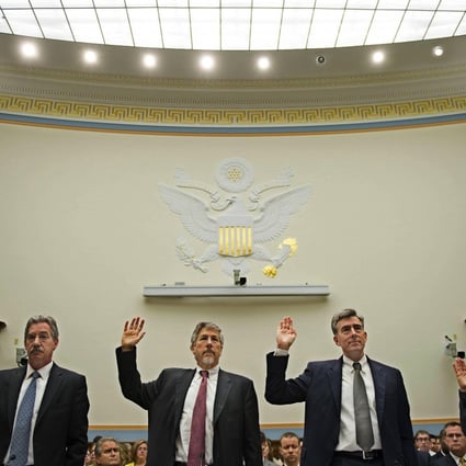 Deputy Attorney General James Cole (left), National Intelligence Director Robert Litt, National Security Agency Deputy Director, John Inglis, and Stephanie Douglas of the FBI are sworn in for the hearing.Photo: AFP
