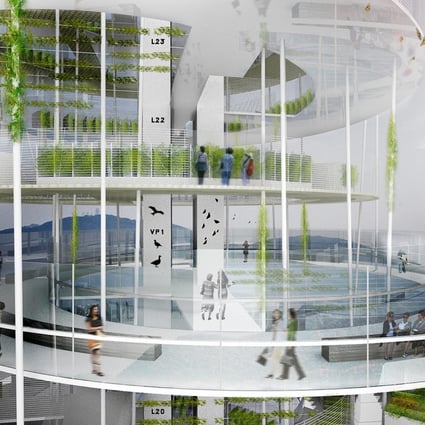 The vertical farms, with viewing platforms, as envisioned by Spanish architect Javier Ponce. He wants to see the towers erected in Tai Po. Photo: SCMP