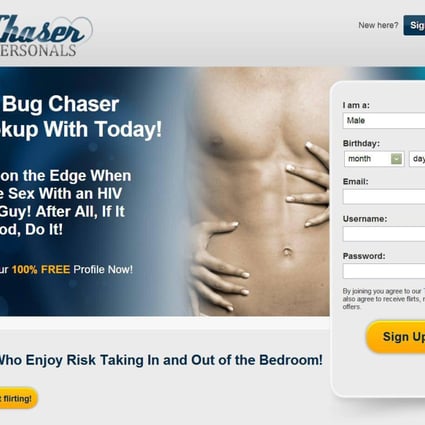 An internet site called "Bug Chaser", which encourages men to become infected with HIV. Photo: SCMP Pictures