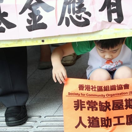 A Society for Community Organisation protest before the Commission on Poverty meeting demands subsidies for people living in industrial buildings. Photo: David Wong