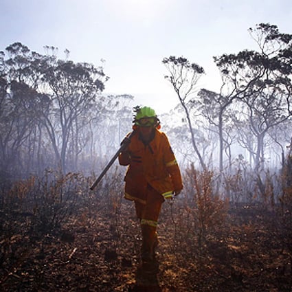 A female Rural Fire Service firefighter near the Blue Mountains, west of Sydney on Wednesday. Photo: Reuters
