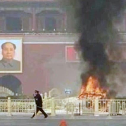 Flames and black smoke shoot from the jeep after it crashed into the barrier of the Jinshui Bridge, killing three people inside the vehicle and two tourists. Photo: SCMP