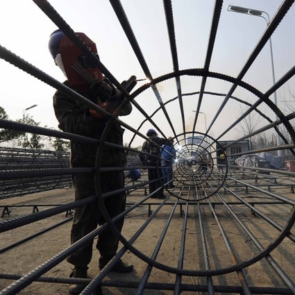 A labourer welds a steel frame at a residential construction site in China's Anhui province. Wuhu, a city in eastern Anhui province, relaxed property tightening measures in August by exempting highly educated buyers from deed tax. Photo: Reuters