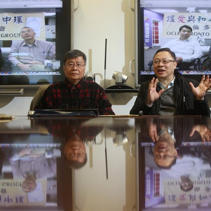 Supporter Mannie Lin (left) joins Benny Tai for an online chat with activists in Canada during Lin's visit to Hong Kong. Photo: Sam Tsang