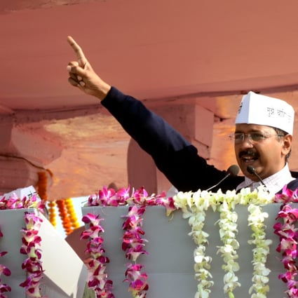 Arvind Kejriwal makes a speech after being sworn in as chief minister. Photo: Xinhua