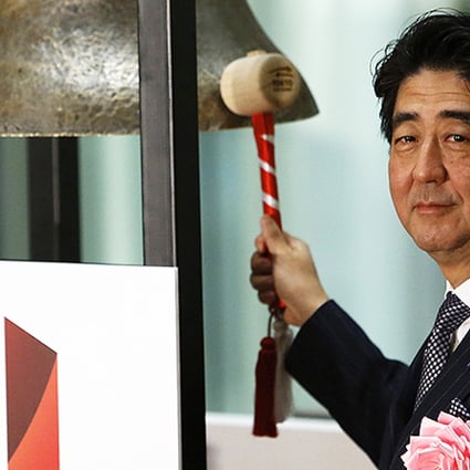 Shinzo Abe at Tokyo stock exchange yesterday. Photo: Reuters