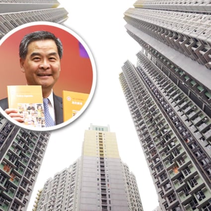 CY Leung (inset) over a view of the Kai Ching Estate in Kai Tak, where new rules will allow an extra 6,800 flats. Photos: K.Y. Cheng and Felix Wong