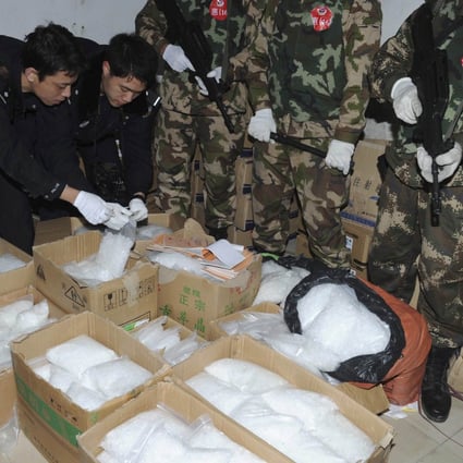 Police display the huge seizure of drugs at Boshe village, Guangdong. Photo: Reuters