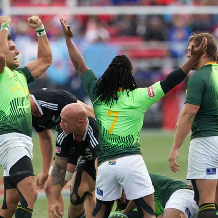South Africa celebrate winning the Cup at the USA Sevens in Las Vegas on Sunday. Photo: IRB/Martin Seras Lima