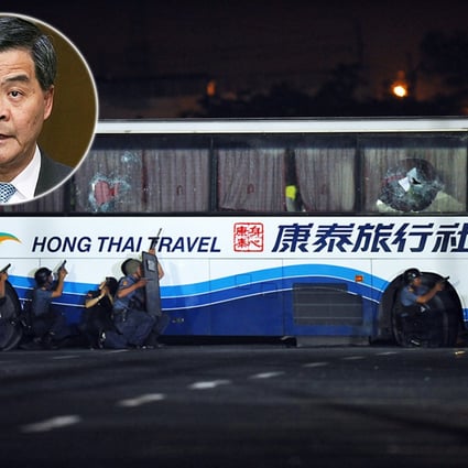 Chief Executive Leung Chun-ying (inset) announces the imposition of visa restrictions placed on diplomatic officials visiting Hong Kong from the Philippines. Photo: Dickson Lee