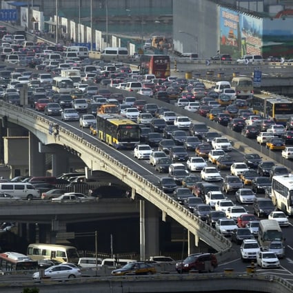 Lines of cars are pictured during a rush hour traffic jam in Beijing. Photo: Reuters