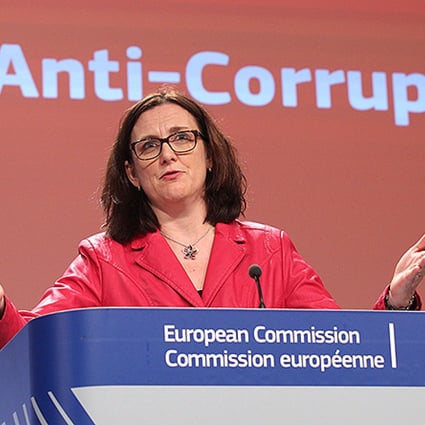 European Commissioner for Home Affairs Cecilia Malmstrom addresses the media on the cost of corruption in the EU in Brussels. Photo: AP