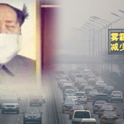 The heavy smog in Beijing (above) prompted jokes such as a doctored photo of Mao Zedong's anti-haze tactics (inset). Photo: AP, Screenshot via Weibo