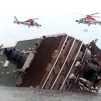 Rescue helicopters fly over a sinking South Korean passenger ferry. Photo: AP