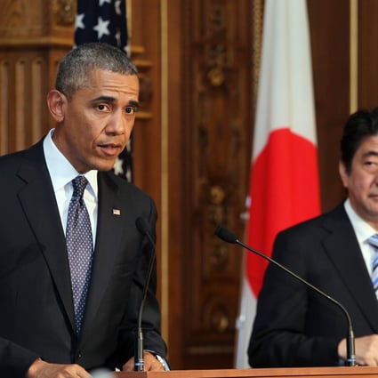 US President Barack Obama (left) attends a press conference with Japanese Prime Minister Shinzo Abe at the Akasaka guesthouse in Tokyo. Photo: Xinhua