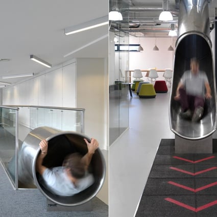 The office slide, designed by Guy Hollaway for the Workshop, provides quick circulation between floors and helps enliven the working environment. Photos: Guy Hollaway
