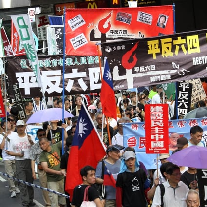 Protesters and members of Hong Kong Alliance in Support of Patriotic Democratic Movement in China march on demonstration to commemorate those who died during June 4 crackdown. Photo: Dickson Lee